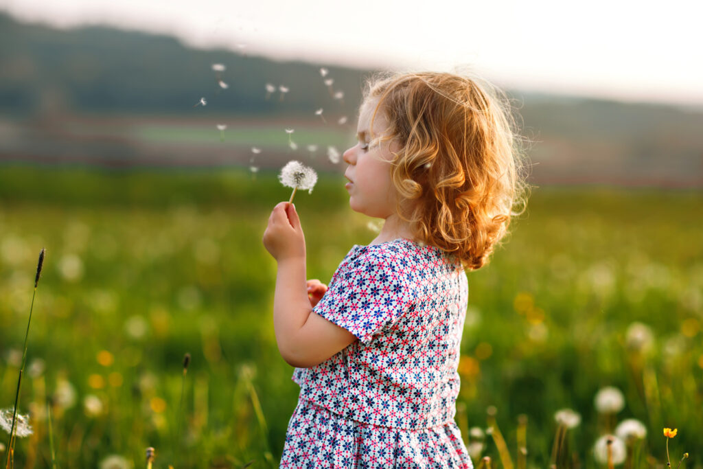 Mädchen bläst auf Pusteblume